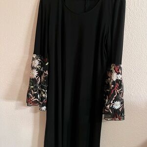 Elegant Black Dress with Floral Embroidered Sleeves